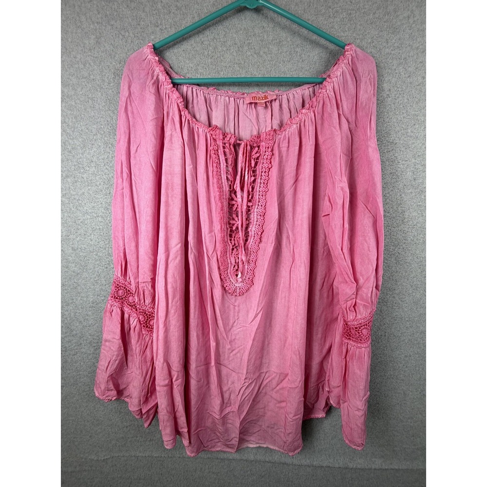 Mazik Tunic Top Womens Large Pink Off Shoulder Crochet Bell Sleeve Boho